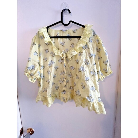 AEO Baby Doll Blouse XXL Yellow Floral Button Up Milkmaid Fairy Sweet cottagcore - Picture 1 of 13